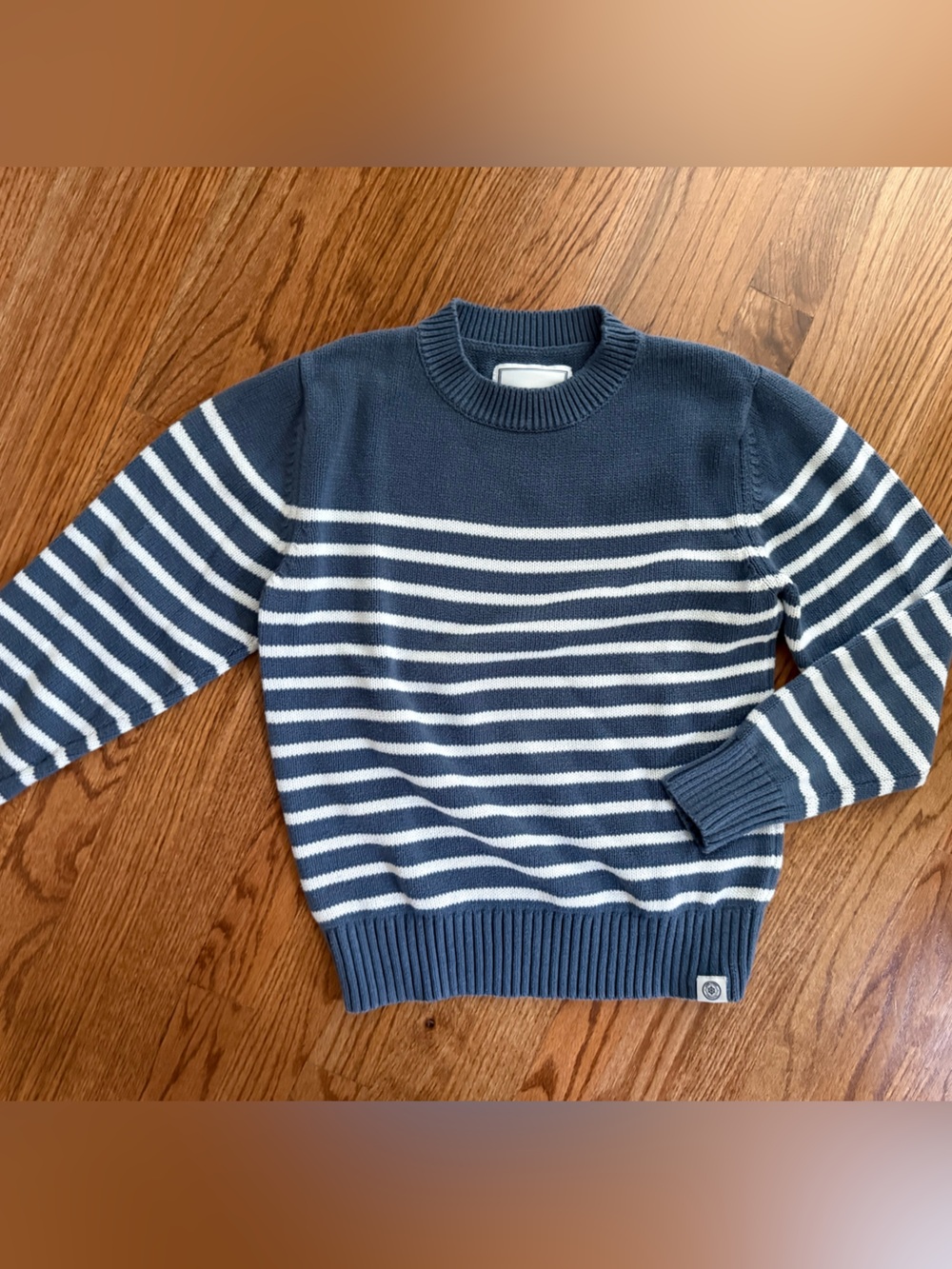 Long Wharf Women’s Slate Blue and White Striped Crewneck Sweater